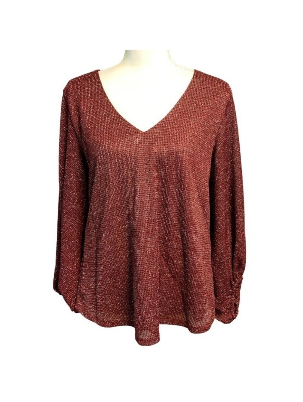 Maurices Womens Burgundy Metallic Shimmer V-Neck Long Sleeve Blouse Medium